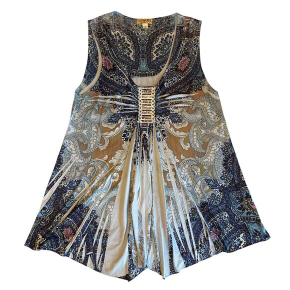 One World Live & Let Live Embroidered Printed Boho Blue Handkerchief Hem Tank M - Picture 9 of 13